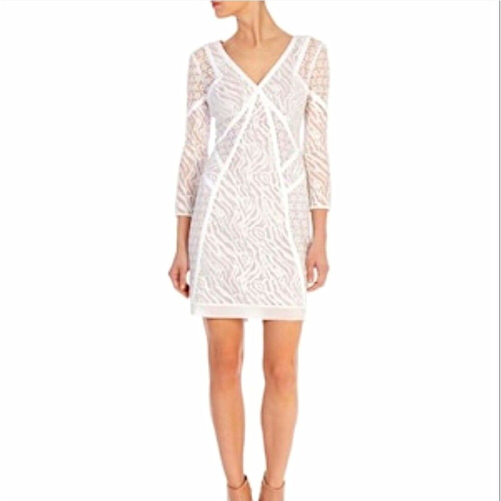Karen Millen White Lace V-Neck Sheath Mini Dress Us 10 LWD Lined BRIDAL Cocktail